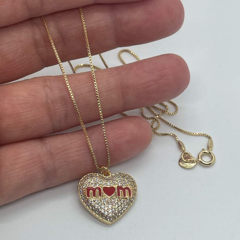 18k Gold Filled CZ Heart Mom Necklace